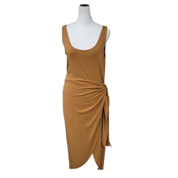 LBLC The Label Eva‎ Side Tie Midi Wrap Dress Women's Size Large Gold Tan - Picture 2 of 11